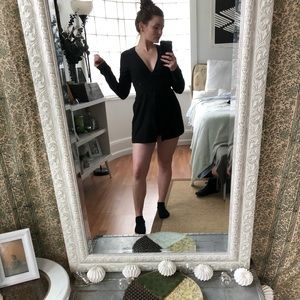 Long Sleeve Deep V Romper Skort